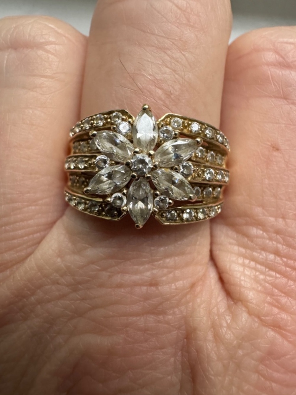 Vintage P14K Yellow Gold Cocktail Ring Marquise CZ Flower Cluster Sz 8